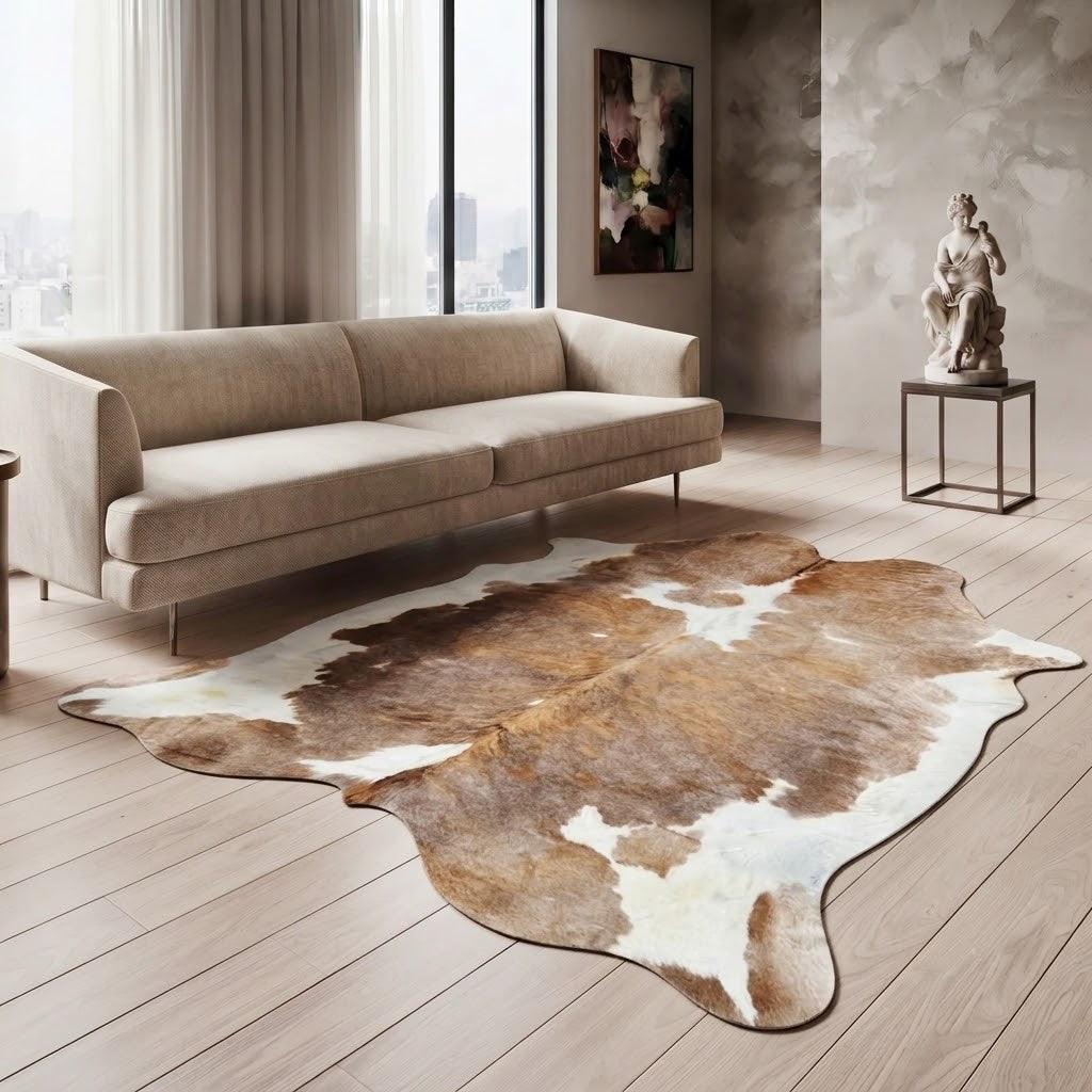 Large premium cowhide rug by Cowhide Rugs London, natural cowhide with distinctive pattern, measuring 240cm by 210cm.