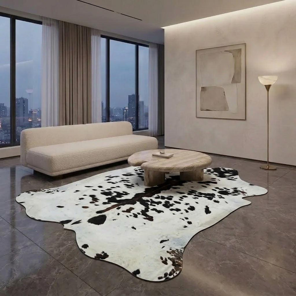 Large premium cowhide rug by Cowhide Rugs London, 220cm x 220cm, natural cowhide with unique markings and soft texture.