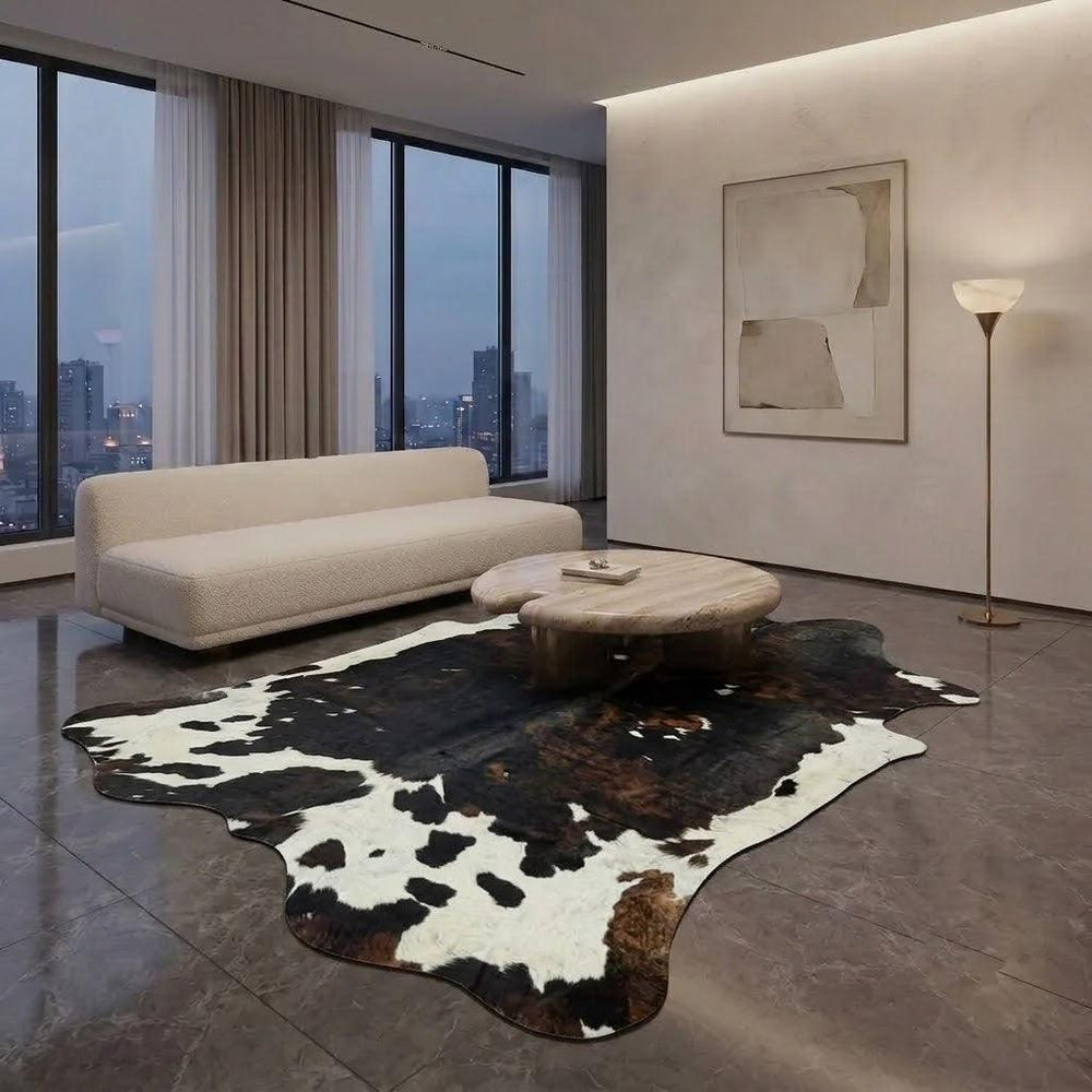 Large premium cowhide rug from Cowhide Rugs London, 240cm x 220cm, featuring natural cowhide pattern and soft texture.