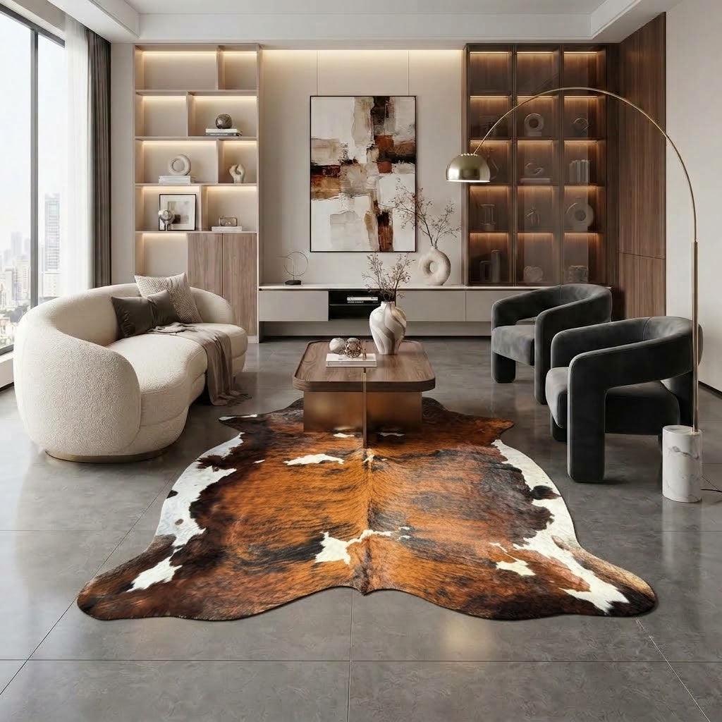Large premium cowhide rug by Cowhide Rugs London, natural cowhide pattern, measuring 245cm by 210cm, stylish and durable decor piece.