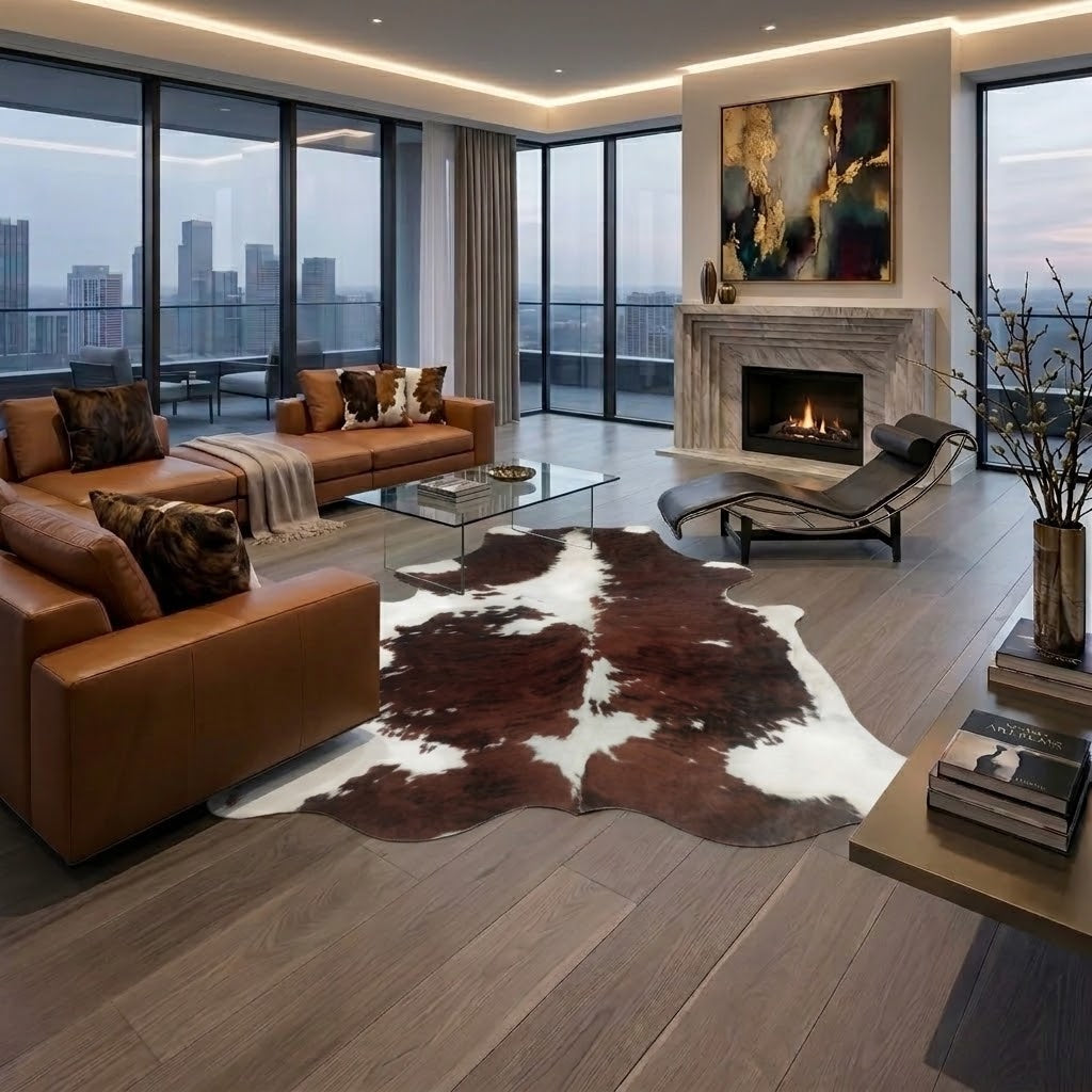 A modern living room with a brown leather sectional sofa, a brown and white cowhide area rug, a black chaise lounge, and a marble fireplace. Large floor-to-ceiling windows offer a city skyline view.