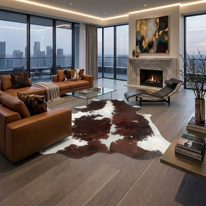 A modern living room with a brown leather sectional sofa, a brown and white cowhide area rug, a black chaise lounge, and a marble fireplace. Large floor-to-ceiling windows offer a city skyline view.