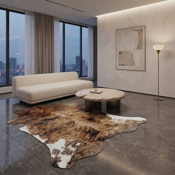 Large premium cowhide rug from Cowhide Rugs London, natural cowhide with a sleek, rugged appearance, measuring 244cm by 200cm.