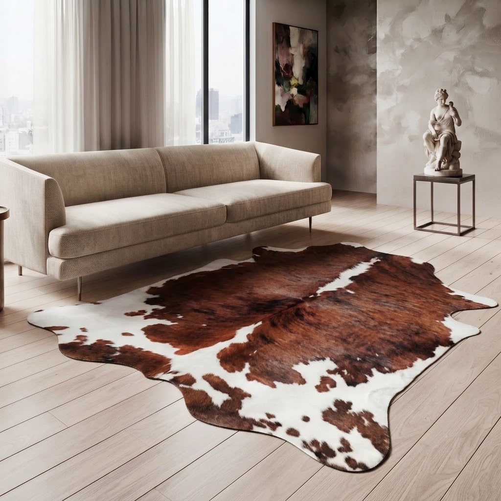 A large cowhide area rug with brown and white patches is styled in a modern living room with a beige sofa, light wood floors, and a textured wall.