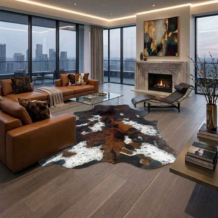 Make a bold statement with this stunning tricolour cowhide rug, defined by its rich espresso browns, warm chestnut tones, and crisp, dappled white markings. Hand-selected for its silky sheen and striking high-contrast pattern, this extra-large centrepiece effortlessly grounds luxury modern interiors—pairing seamlessly with rich leather furniture, warm hardwood floors, and sleek architectural layouts. 