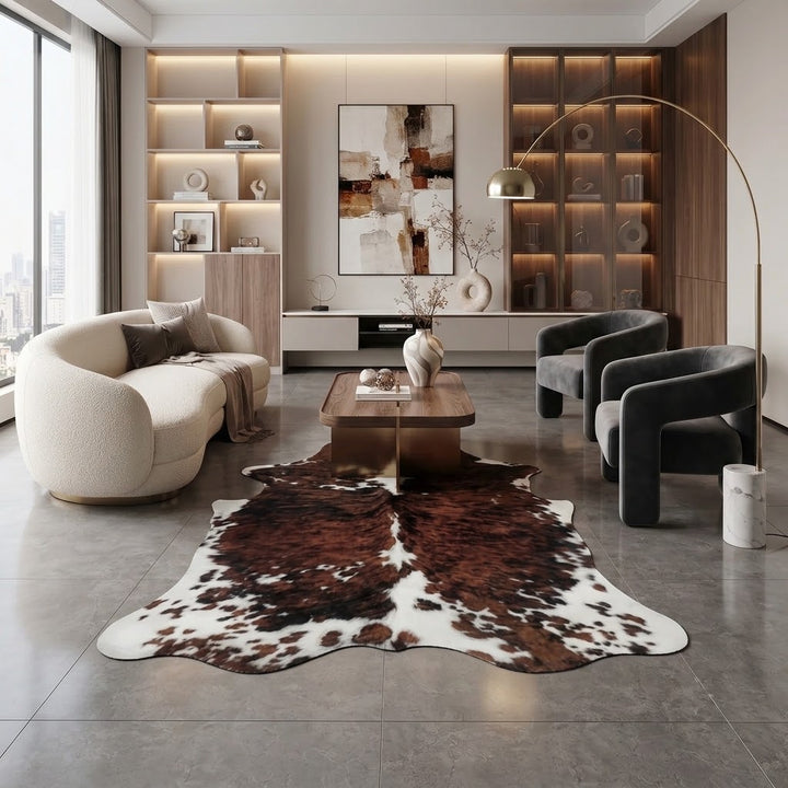 Elevate your living space with this striking  tricolour cowhide rug. Featuring rich chocolate brown, warm chestnut, and soft cream tones, its natural, unique pattern adds organic warmth and modern elegance to any contemporary interior.