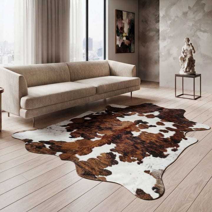 A large cowhide-pattern area rug with brown, black, and white patches is styled on a light wood floor in a modern living room setting with a beige sofa and a side table.
