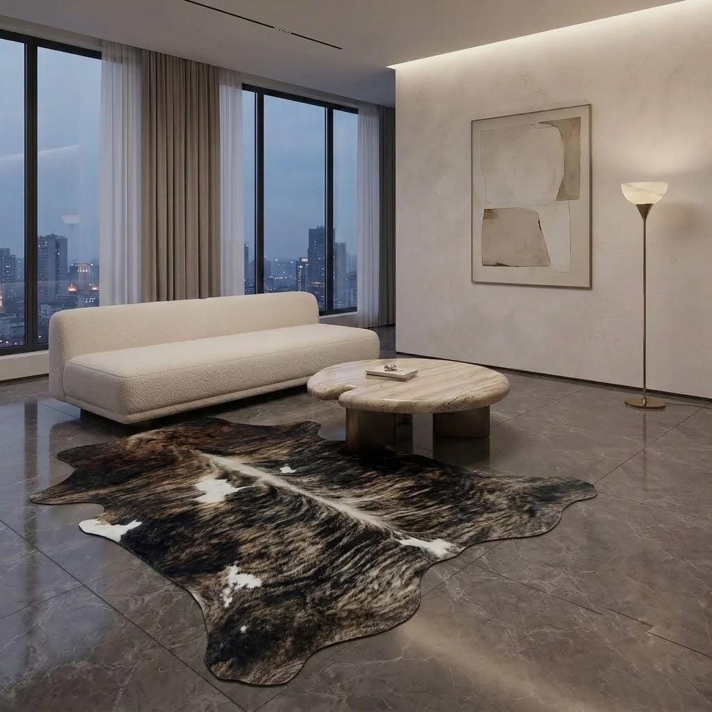 Large premium cowhide rug by Cowhide Rugs London, XXL size 240cm x 185cm, natural cowhide with unique patterns and textures.
