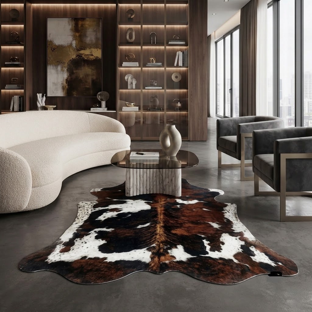 Introduce refined natural texture to your interior with this exceptional tricolour cowhide rug, featuring a beautiful blend of rich chestnut brown, deep black accents, and soft ivory white. Its expansive size and dramatic, high-contrast pattern make it an ideal focal point for modern living rooms, anchoring chic seating areas with effortless elegance. Boasting a silky, soft-touch finish and natural durability, this unique statement piece combines organic warmth with sleek contemporary style.