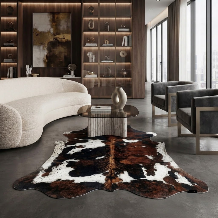 Introduce refined natural texture to your interior with this exceptional tricolour cowhide rug, featuring a beautiful blend of rich chestnut brown, deep black accents, and soft ivory white. Its expansive size and dramatic, high-contrast pattern make it an ideal focal point for modern living rooms, anchoring chic seating areas with effortless elegance. Boasting a silky, soft-touch finish and natural durability, this unique statement piece combines organic warmth with sleek contemporary style.