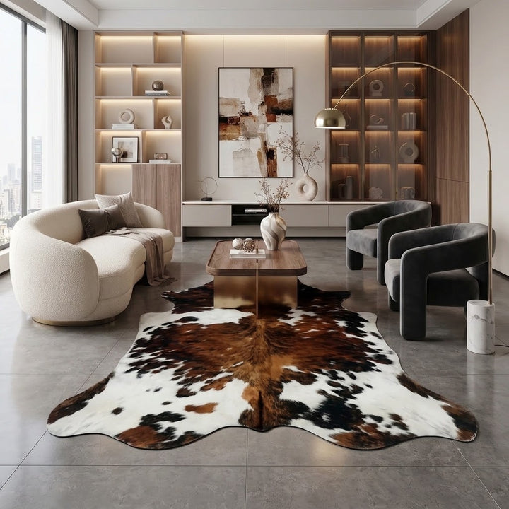 Bring warmth, luxury, and organic texture into your interior with this stunning Tricolour Cowhide Rug. Featuring a rich blend of deep chestnut brown, bold black, and brilliant white tones, its natural pattern makes a striking statement against modern, minimal, or traditional decor. Crafted to bring depth and character to any space, it anchors seating areas effortlessly while adding an unmistakable touch of natural sophistication.
