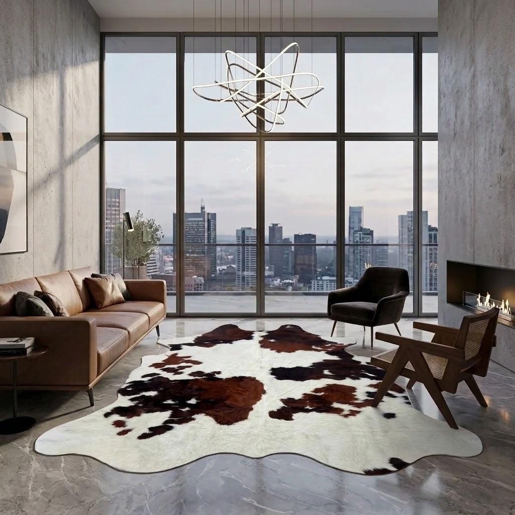Premium cowhide rug from Cowhide Rugs London, 160cm x 145cm, featuring natural cowhide pattern and texture.