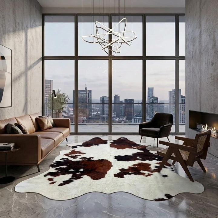 Premium cowhide rug from Cowhide Rugs London, 160cm x 145cm, featuring natural cowhide pattern and texture.