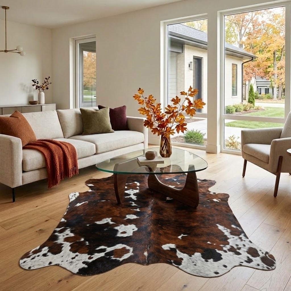 Premium cowhide rug from Cowhide Rugs London, 155cm square, natural cowhide with unique pattern and soft texture.