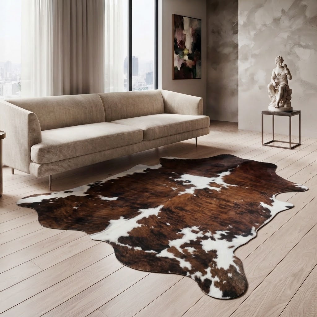 A large cowhide area rug with brown and white patches is styled on a light wood floor in a modern living room setting with a beige sofa and a side table.
