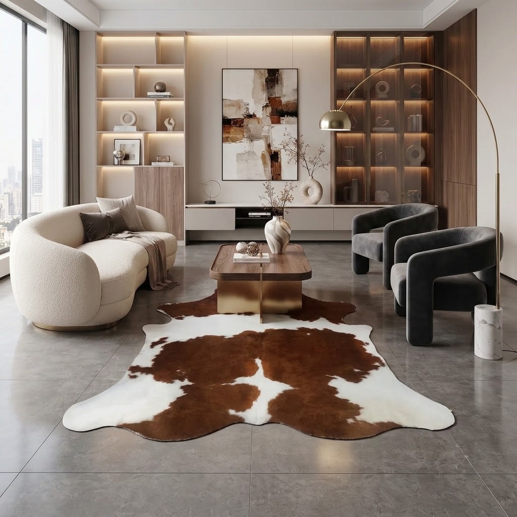 A modern living room featuring a large brown and white cowhide rug on a gray tiled floor, with a curved cream sofa, dark gray armchairs, a wooden coffee table, and built-in shelving in the background.