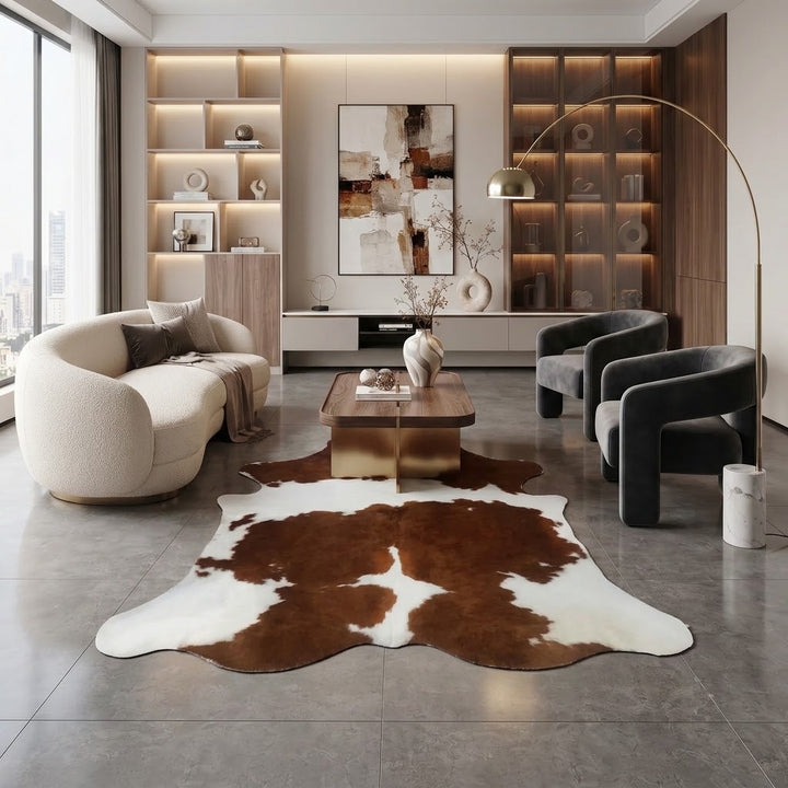 A modern living room featuring a large brown and white cowhide rug on a gray tiled floor, with a curved cream sofa, dark gray armchairs, a wooden coffee table, and built-in shelving in the background.