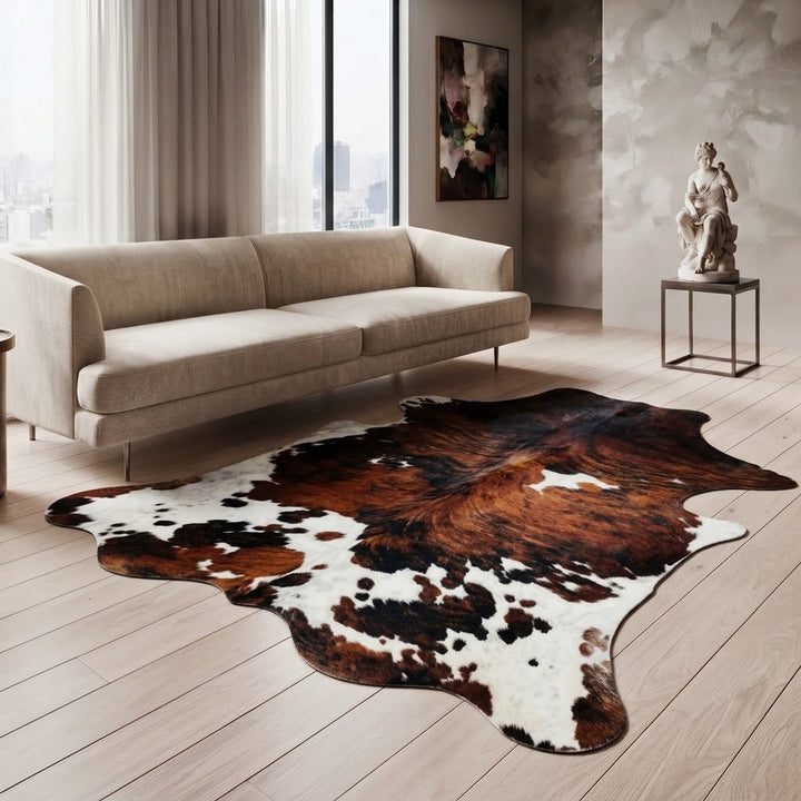 A large cowhide area rug with a natural brown, black, and white pattern is styled on a light wood floor in a modern living room setting with a beige sofa and a side table.