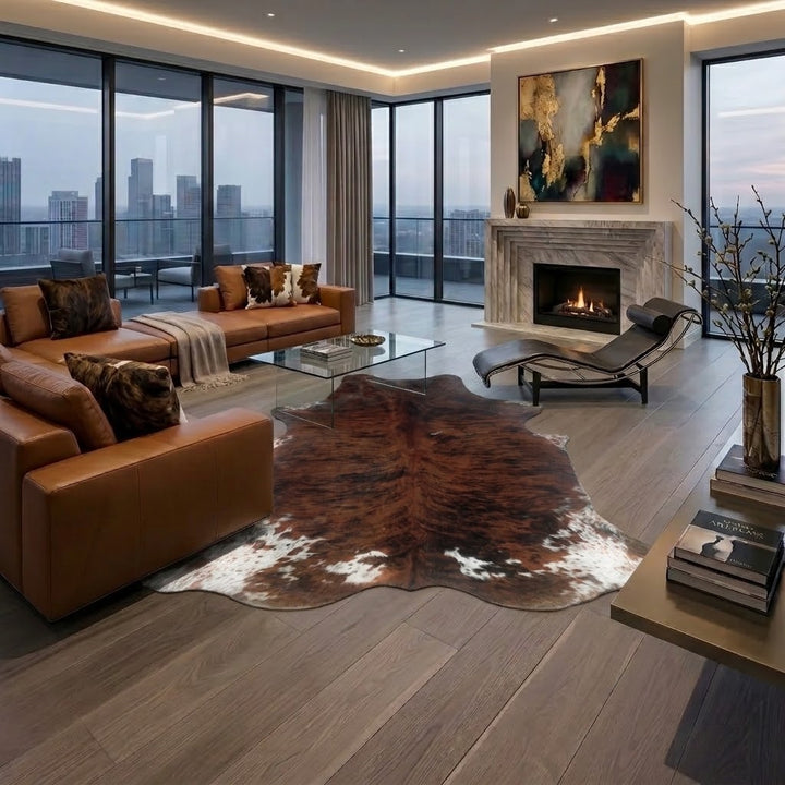 A modern living room with large floor-to-ceiling windows, a brown leather sectional sofa, a brown and white cowhide rug, a black lounge chair, a fireplace with a marble surround, and a city skyline view at dusk.