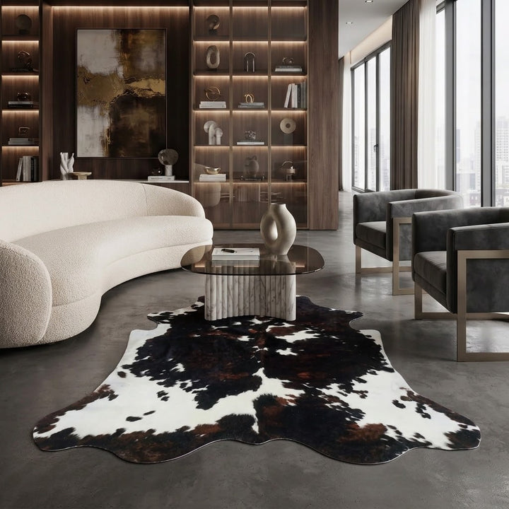 A large black and white cowhide rug styled in a modern, luxury living room with a curved cream sofa, dark wood shelving, and gray armchairs.