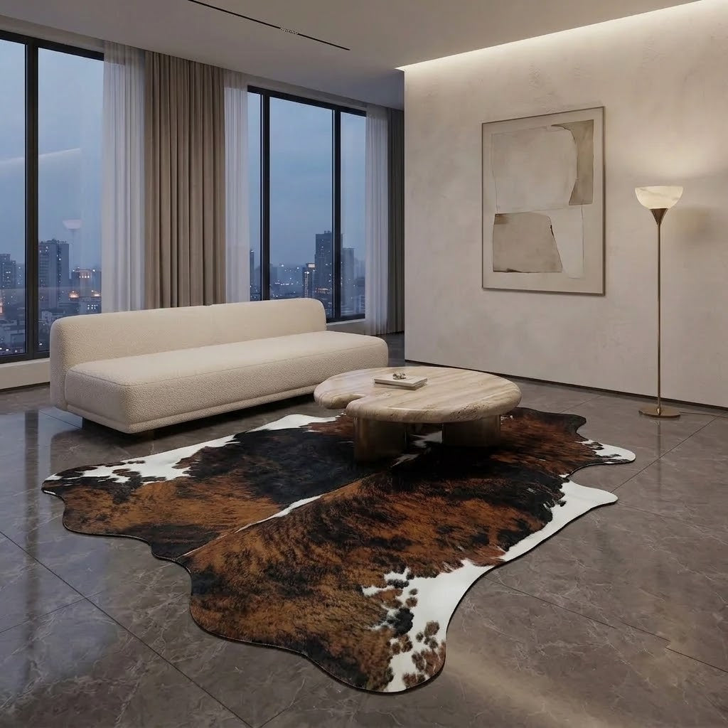 A modern living room featuring a large, organic-shaped cowhide area rug in brown, black, and white on a gray marble floor. A cream-colored textured sofa and a round wooden coffee table sit on the rug, with a minimalist abstract painting and a floor lamp on the wall behind.