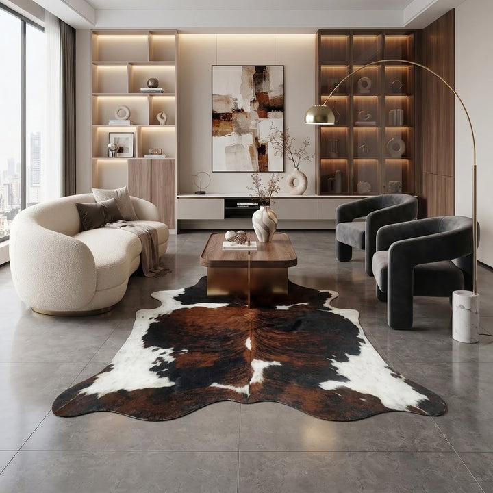 Elevate your interior space with this stunning tricolour cowhide rug. Featuring rich shades of deep brown, warm chestnut, and natural white, its striking pattern brings warmth, texture, and organic elegance to modern living rooms. Perfectly sized to anchor a coffee table or seating area, each hide offers a unique, luxurious centrepiece crafted to complement contemporary decor.