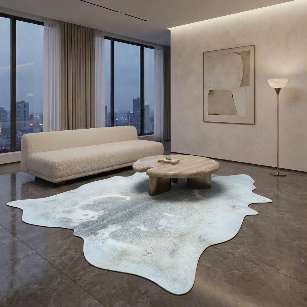 A modern living room featuring a large, organic-shaped cowhide rug in white, gray, and light blue tones. A light beige textured sofa and a round wooden coffee table sit on the rug, which is placed on a polished dark gray floor.