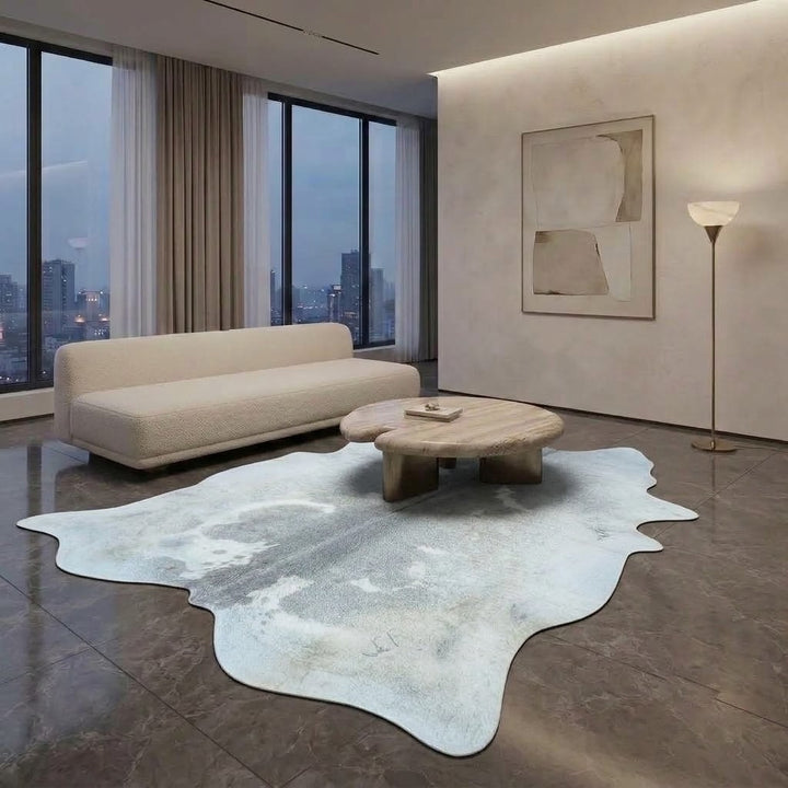 A modern living room featuring a large, organic-shaped cowhide rug in white, gray, and light blue tones. A light beige textured sofa and a round wooden coffee table sit on the rug, which is placed on a polished dark gray floor.