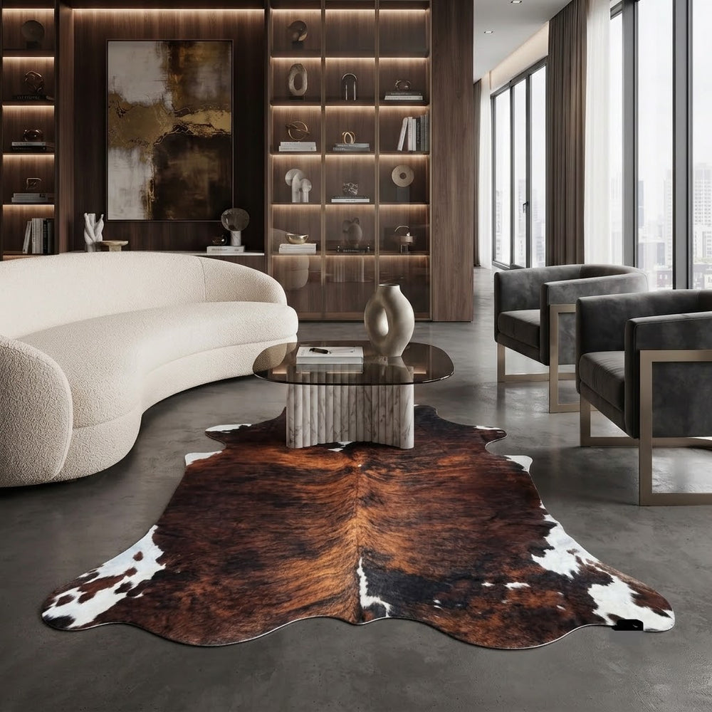 A large brown and black cowhide rug with white patches is styled in a modern living room setting on a gray concrete floor, positioned under a glass-top coffee table and in front of a curved cream-colored sofa.