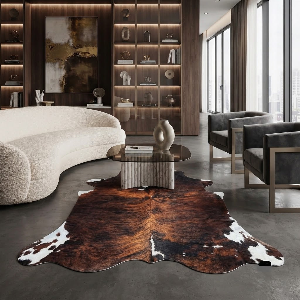 A large brown and black cowhide rug with white patches is styled in a modern living room setting on a gray concrete floor, positioned under a glass-top coffee table and in front of a curved cream-colored sofa.