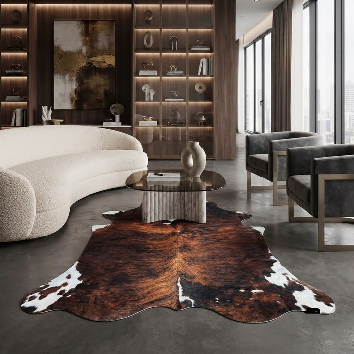 A large brown and black cowhide rug with white patches is styled in a modern living room setting on a gray concrete floor, positioned under a glass-top coffee table and in front of a curved cream-colored sofa.