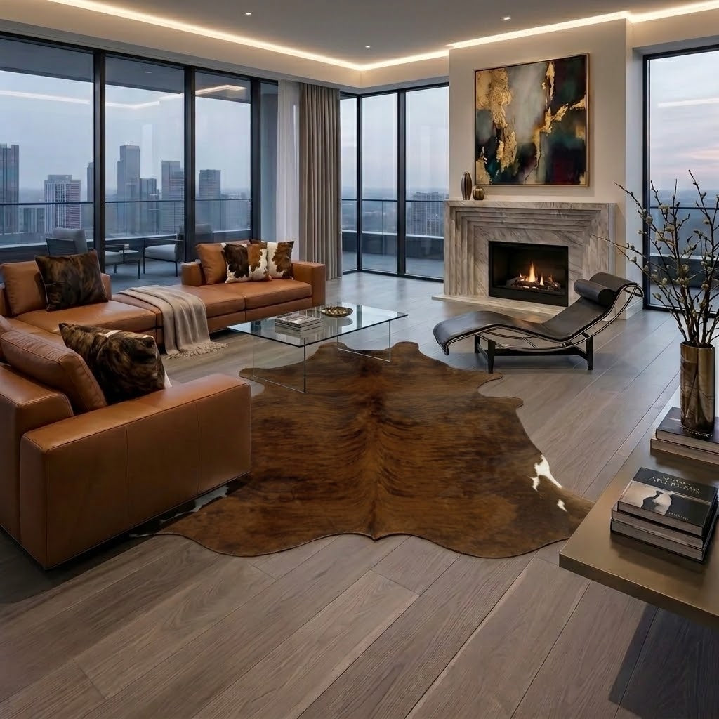 A modern living room with a large brown cowhide rug on light wood flooring, featuring a tan leather sectional sofa, a glass coffee table, a black chaise lounge, and a fireplace with a marble mantel.
