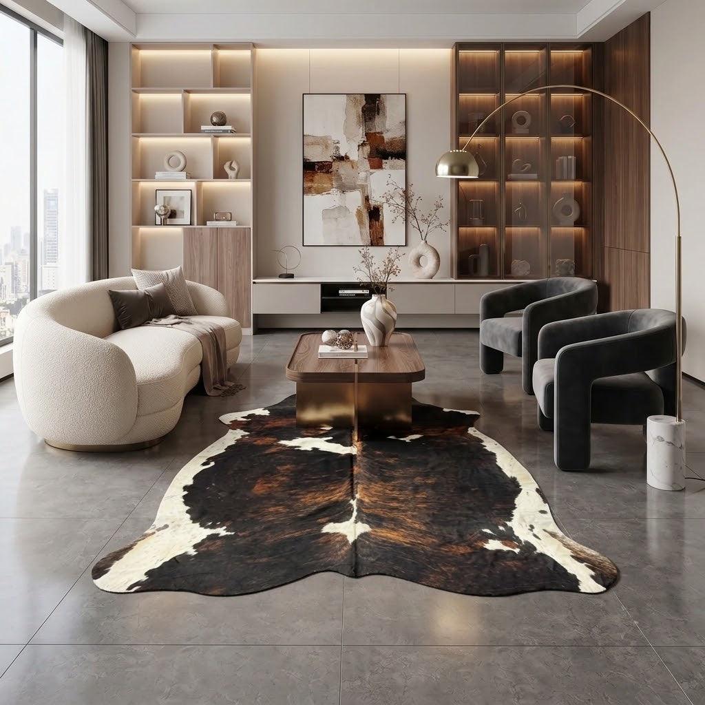 Large premium cowhide rug from Cowhide Rugs London, measuring 240cm by 215cm, with natural cowhide patterns and textures.