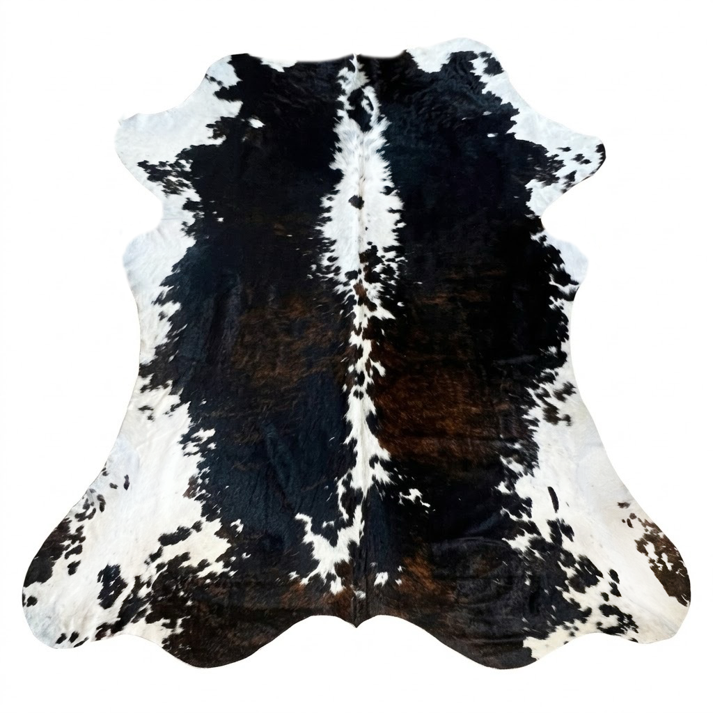 A natural black and white cowhide rug with a distinctive brown center stripe, photographed 