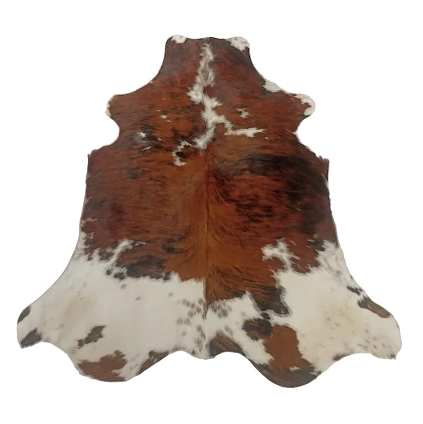 Premium cowhide rug in natural brown and white, 193cm x 174cm, from Cowhide Rugs London, showcasing its soft, textured surface.