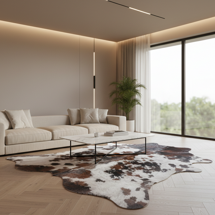 cowhide rug in a room