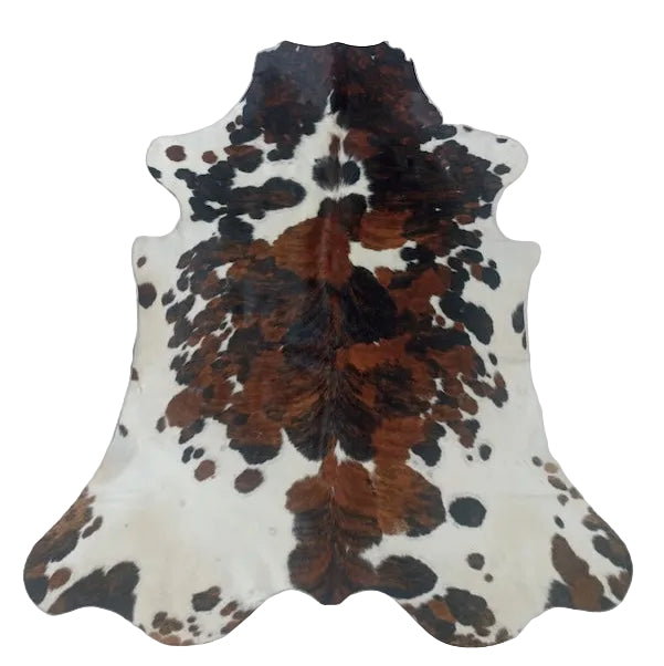 Large premium cowhide rug by Cowhide Rugs London, natural cowhide pattern, measuring 227cm by 198cm, stylish and durable.