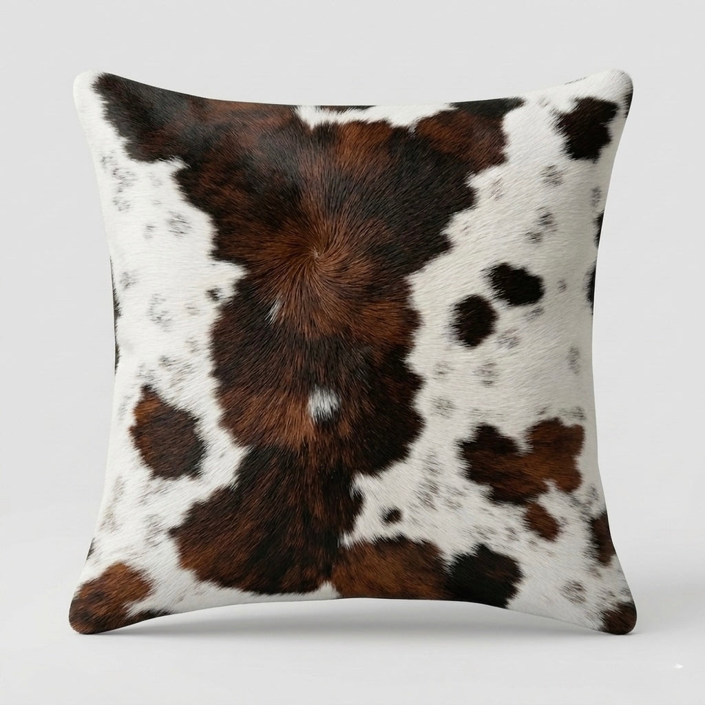Cow print pillow with brown and black patches 