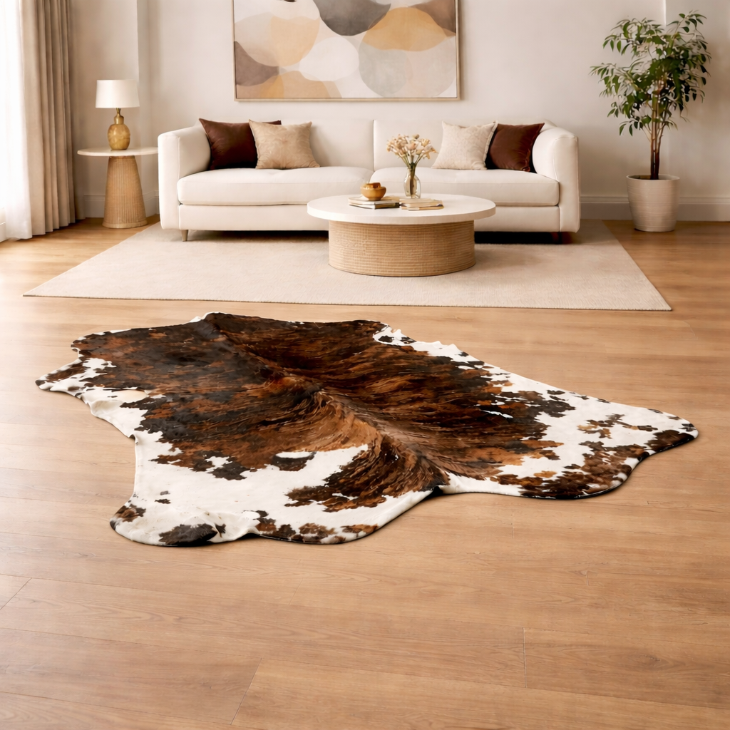 Large premium cowhide rug from Cowhide Rugs London, 247cm x 205cm, natural over £200, with distinctive cowhide pattern.