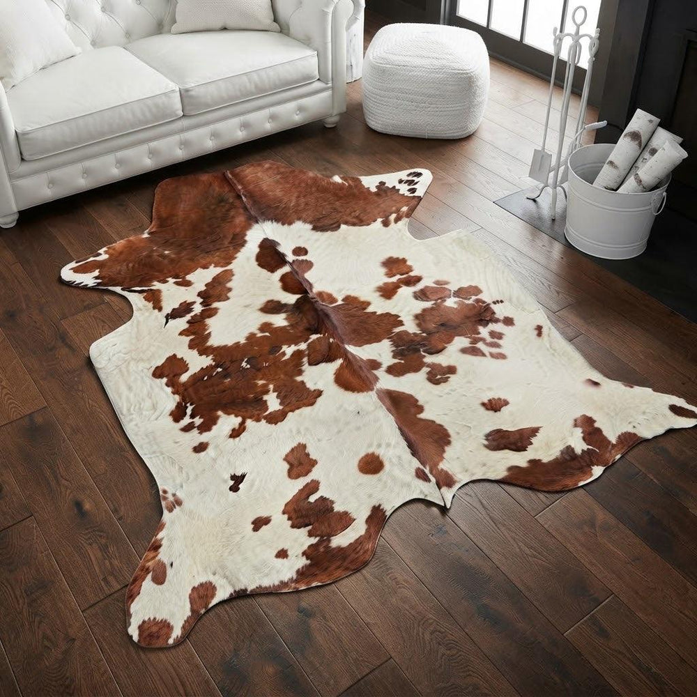 Premium cowhide rug from Cowhide Rugs London, 190cm x 195cm, featuring natural cowhide pattern and soft texture.