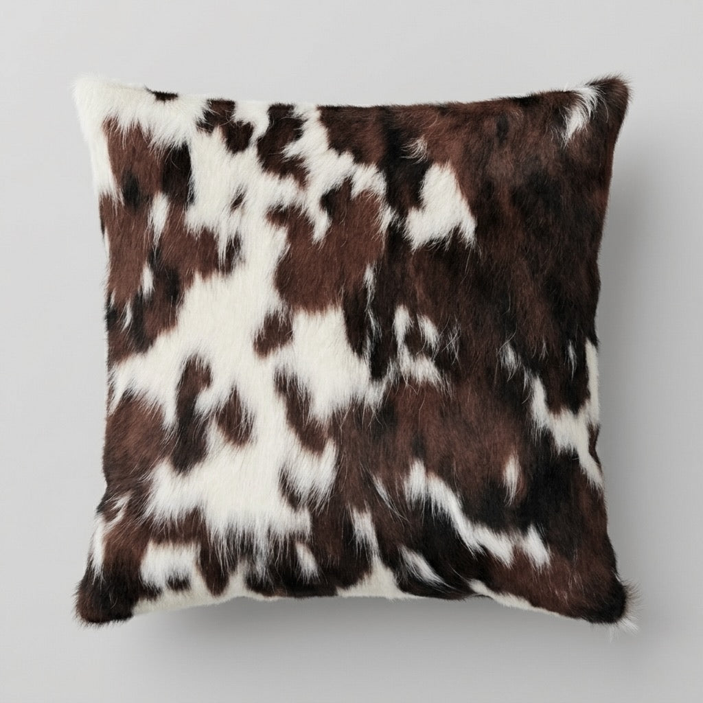 Brown and white cowhide patterned pillow 
