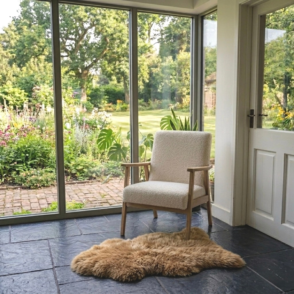 sheepskin brown on the floor  leading to a garden.