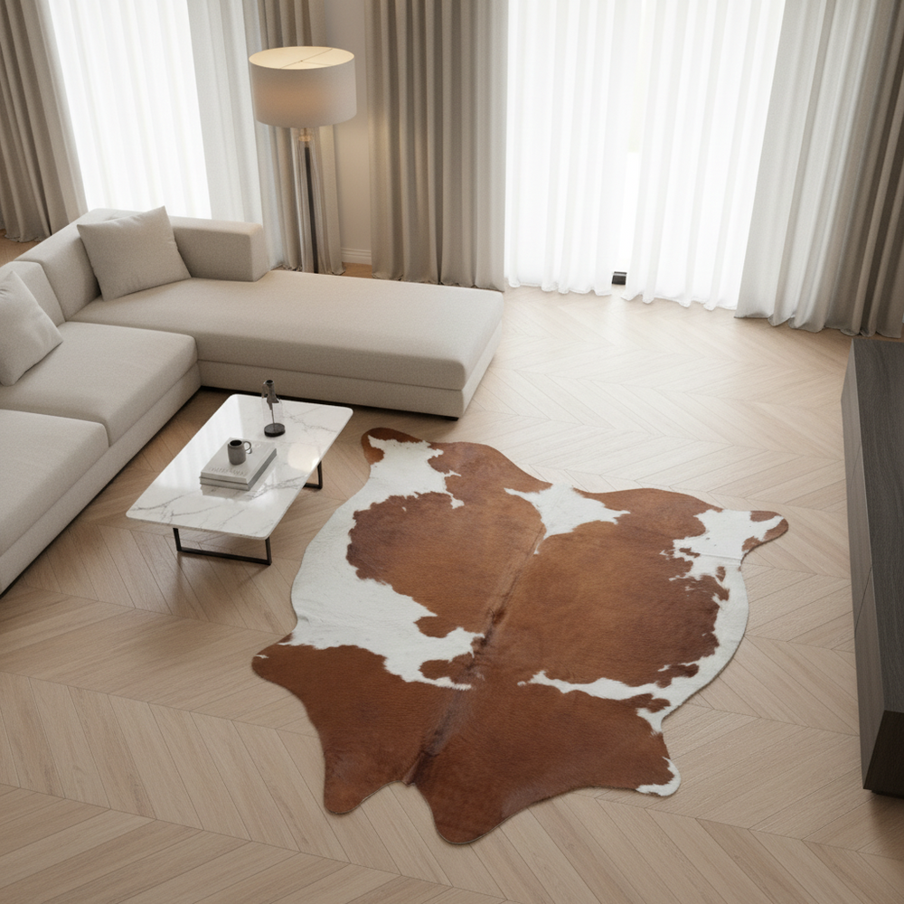 Brown and white cowhide rug on a wooden floor