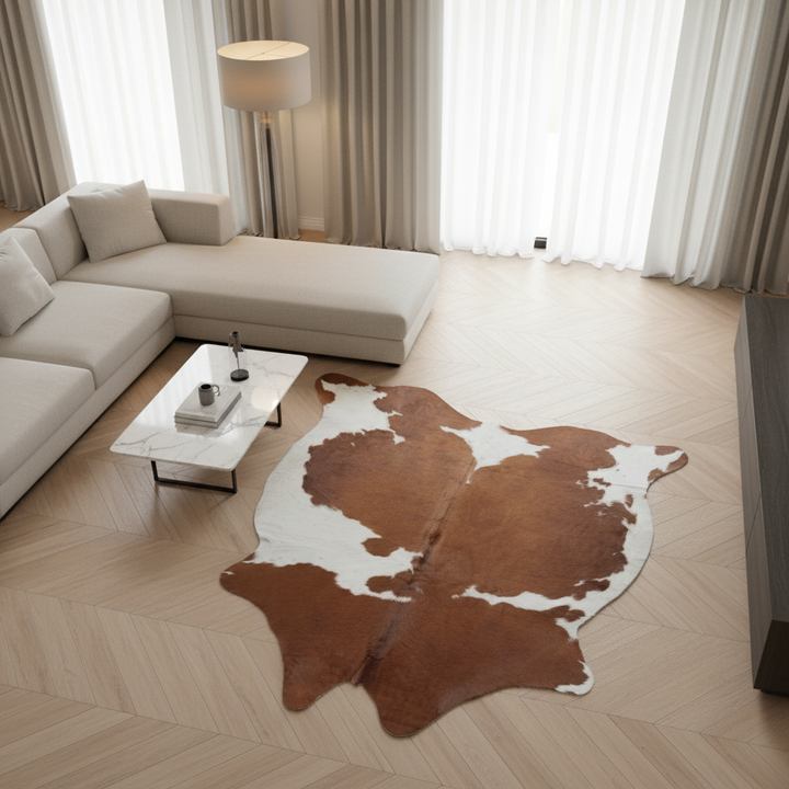 Brown and white cowhide rug on a wooden floor