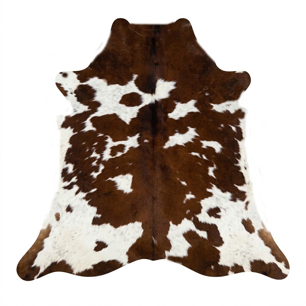 Brown and white cowhide rug on a white background