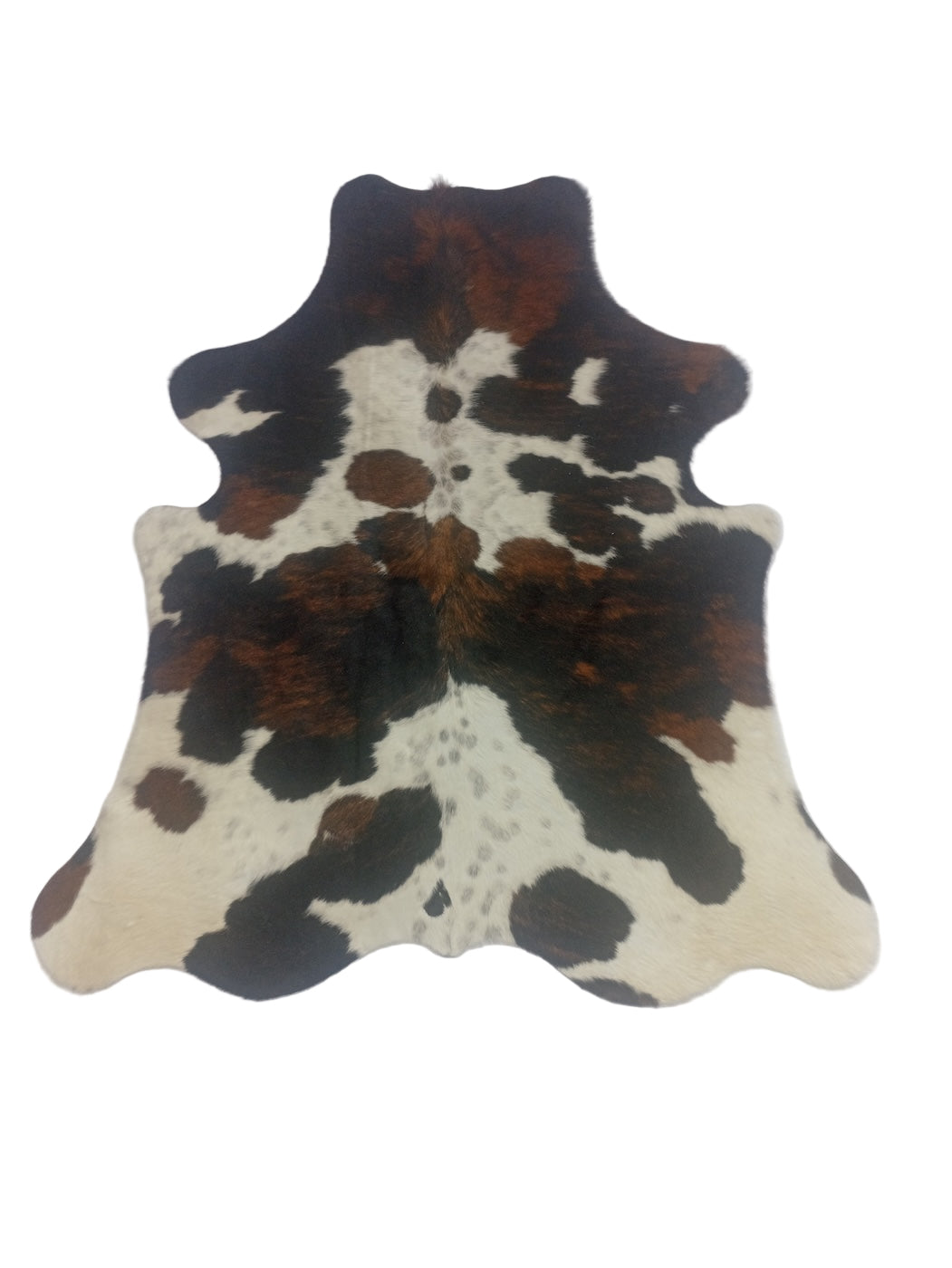 Cowhide rug with brown, black, and white pattern 