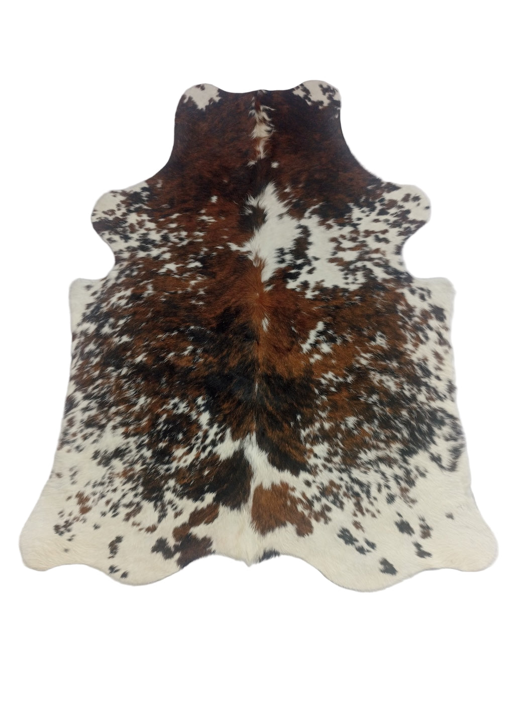 Cowhide rug with brown, white, and black 
