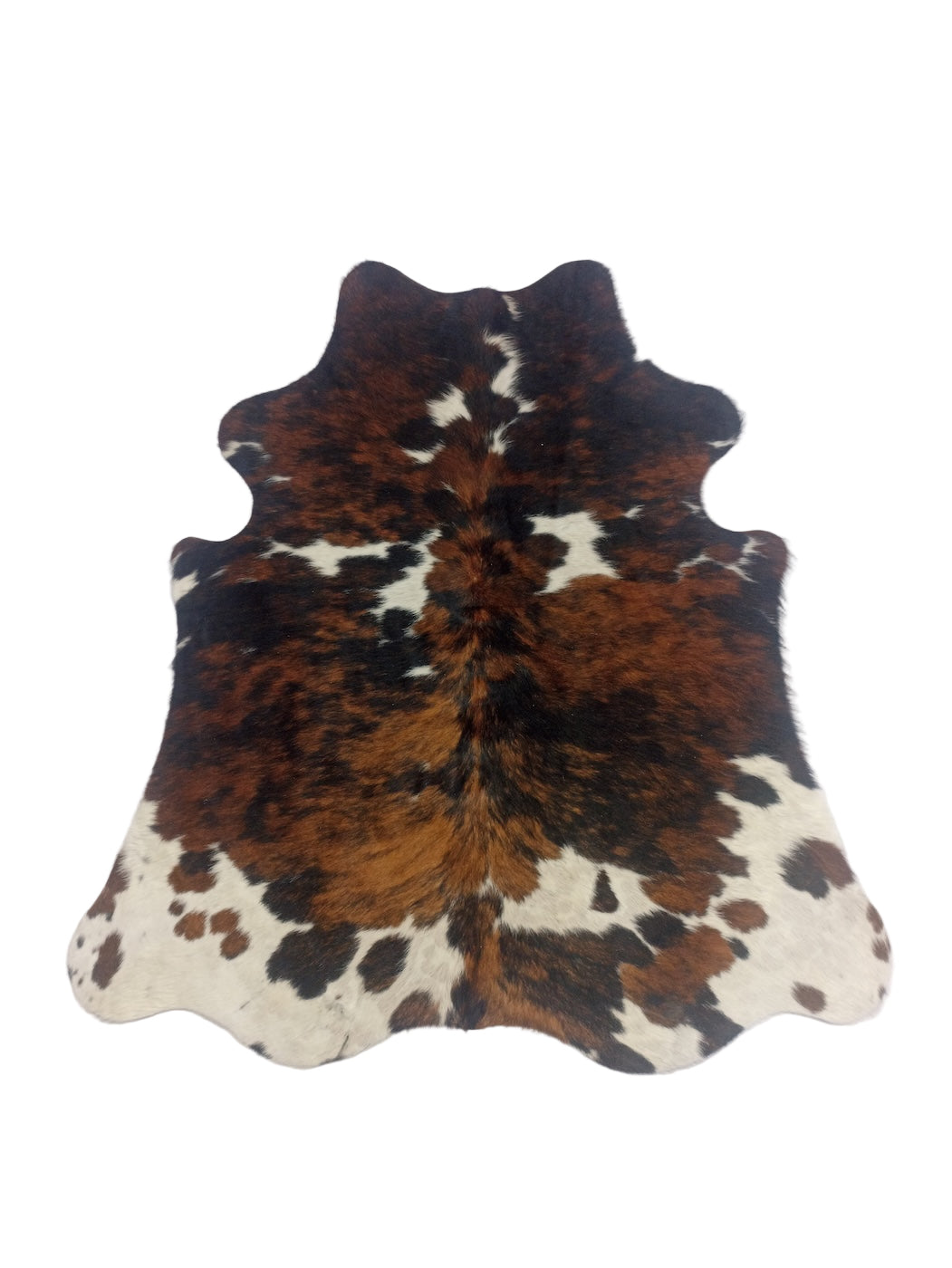 Cowhide rug with brown, black, and white pattern 