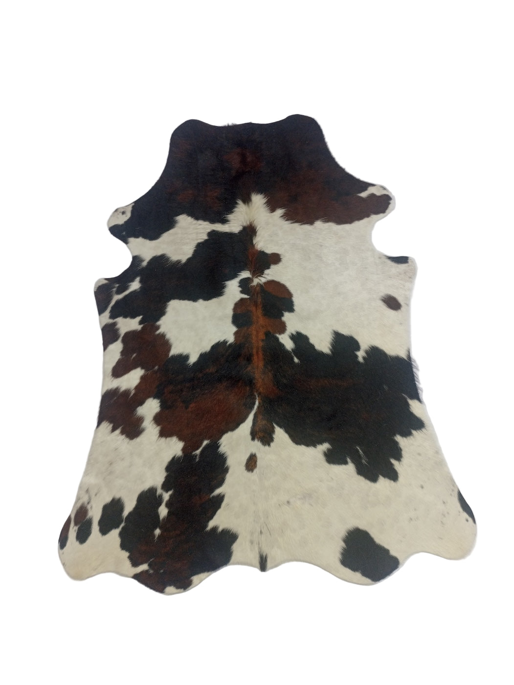 Cowhide rug with black, brown, and white 