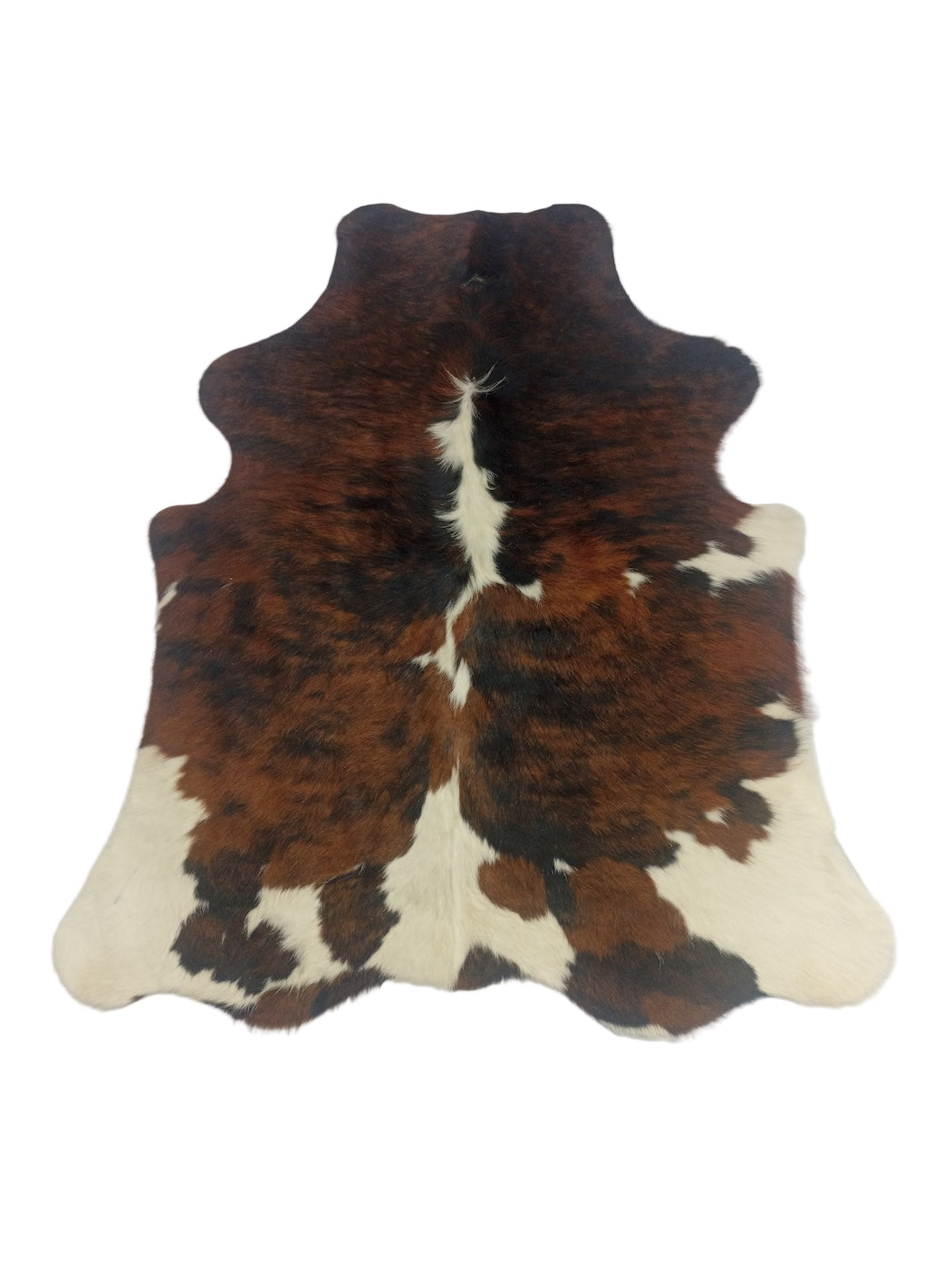 Cowhide rug with brown, black, and white 